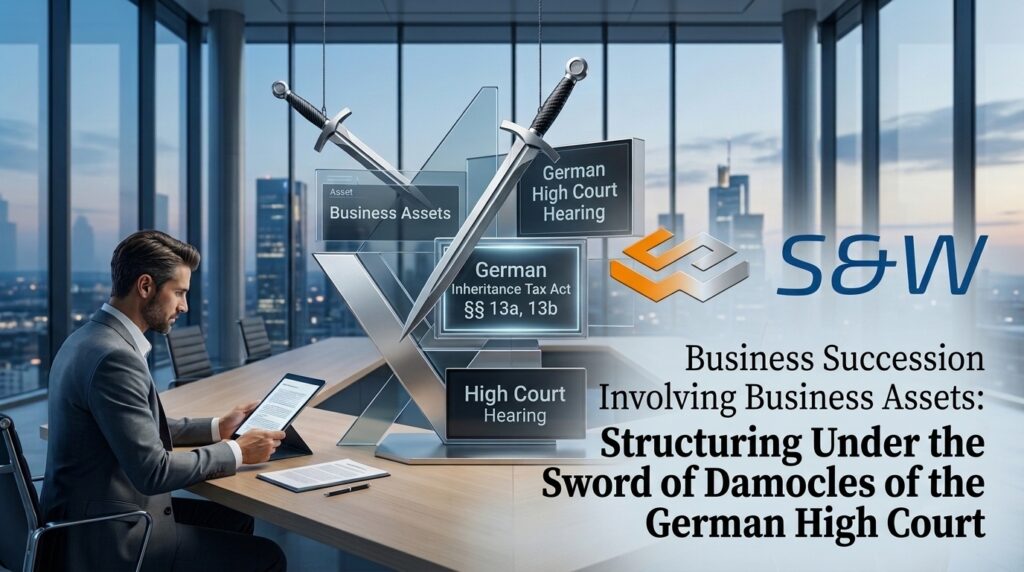 A modern office with a view of the skyline, combined with the company logo ‘s&w’ and a graphic on the theme of business succession, depicting two crossed swords above documents relating to the Inheritance Tax Act (ErbStG) and the German High Court.
