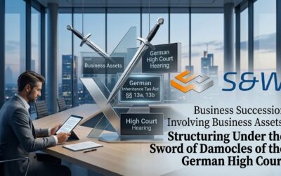 Business Succession German High Court A modern office with a view of the skyline, combined with the company logo ‘s&w’ and a graphic on the theme of business succession, depicting two crossed swords above documents relating to the Inheritance Tax Act (ErbStG) and the German High Court.