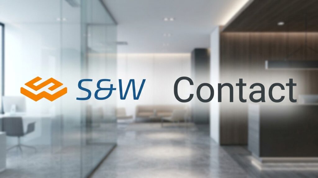 Contact s&w Tax Consultancy in Düsseldorf & Jüchen. A modern, bright background of a tax consultancy office featuring the s&w logo and the word ‘Contact’