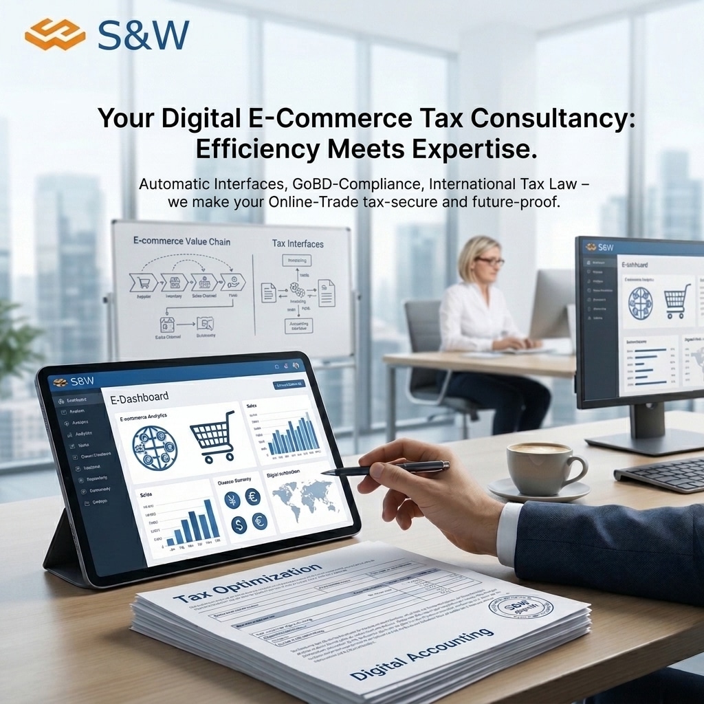 suw-steuerberatung-ecommerce-digital-book keepingjpg A digital e-dashboard from s&w Tax Consultancy for e-commerce businesses, with interfaces to Amazon, Shopify and JTL. Documents relating to digital bookkeeping lie on the desk, whilst a member of the firm’s team works in the background. female team member is working at her computer. Documents relating to tax optimisation and digital accounting lie on the desk.