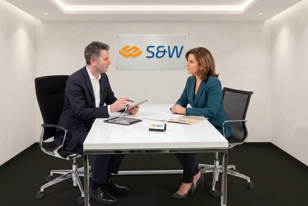 Erbschaft und Schenkung s&w s&w Steuerberatungsgesellschaft mbH und Mandant im Gespräch über Erbschaft und Schenkung, Unterlagen zur Nachfolgeplanung für Unternehmens- und Privatvermögen, Fokus auf steuerliche Optimierung und langfristige Sicherung der Unternehmensfortführung, inklusive nationaler und grenzüberschreitender Gestaltungen in Zusammenarbeit mit Notar und Rechtsanwalt.