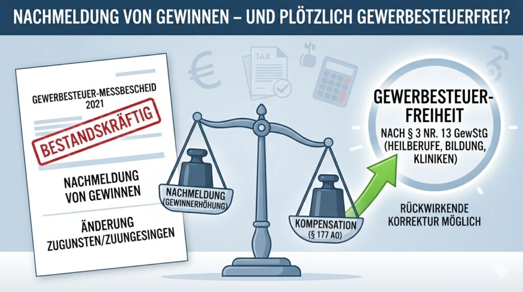 Infografik zum Thema Gewerbesteuerrecht: Eine Waagschale gleicht die „Nachmeldung von Gewinnen“ (Änderung zuungunsten) durch eine „Kompensation nach § 177 AO“ aus. Ein grüner Pfeil weist auf die Möglichkeit der rückwirkenden „Gewerbesteuerfreiheit nach § 3 Nr. 13 GewStG“ hin, während links ein Dokument mit dem Stempel „Gewerbesteuermessbescheid 2021 – Bestandskräftig“ zu sehen ist.