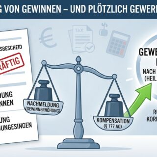 Infografik zum Thema Gewerbesteuerrecht: Eine Waagschale gleicht die „Nachmeldung von Gewinnen“ (Änderung zuungunsten) durch eine „Kompensation nach § 177 AO“ aus. Ein grüner Pfeil weist auf die Möglichkeit der rückwirkenden „Gewerbesteuerfreiheit nach § 3 Nr. 13 GewStG“ hin, während links ein Dokument mit dem Stempel „Gewerbesteuermessbescheid 2021 – Bestandskräftig“ zu sehen ist.