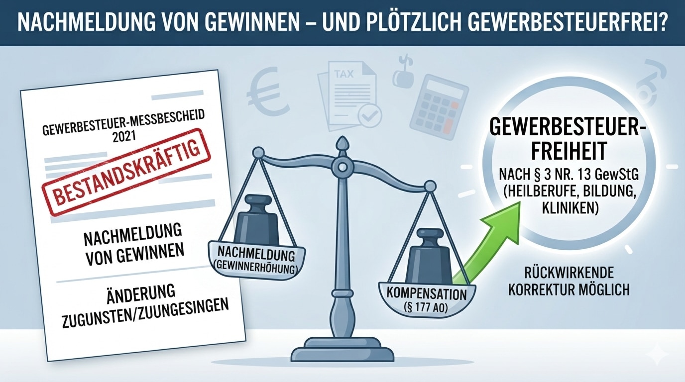 Gewinnnachmeldung GewSt-Befreiung Infografik zum Thema Gewerbesteuerrecht: Eine Waagschale gleicht die „Nachmeldung von Gewinnen“ (Änderung zuungunsten) durch eine „Kompensation nach § 177 AO“ aus. Ein grüner Pfeil weist auf die Möglichkeit der rückwirkenden „Gewerbesteuerfreiheit nach § 3 Nr. 13 GewStG“ hin, während links ein Dokument mit dem Stempel „Gewerbesteuermessbescheid 2021 – Bestandskräftig“ zu sehen ist.