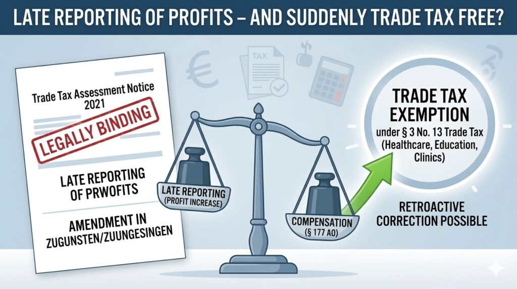 Infographic on trade tax law: One side of the scales represents the ‘retroactive declaration of profits’ (amendment to the taxpayer’s disadvantage), whilst the other side represents ‘offset under Section 177 of the German Fiscal Code (AO)’. A green arrow indicates the possibility of retroactive ‘trade tax exemption under Section 3(13) of the Trade Tax Act (GewStG)’, whilst on the left a document bearing the stamp ‘Trade Tax Assessment Notice 2021 – Final’ can be seen.