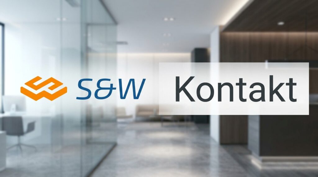Kontakt zur s&w Steuerberatung in Düsseldorf & Jüchen. Moderner, heller Hintergrund eines Steuerberaterbüros mit dem s&w-Logo und dem Wort „Kontakt“