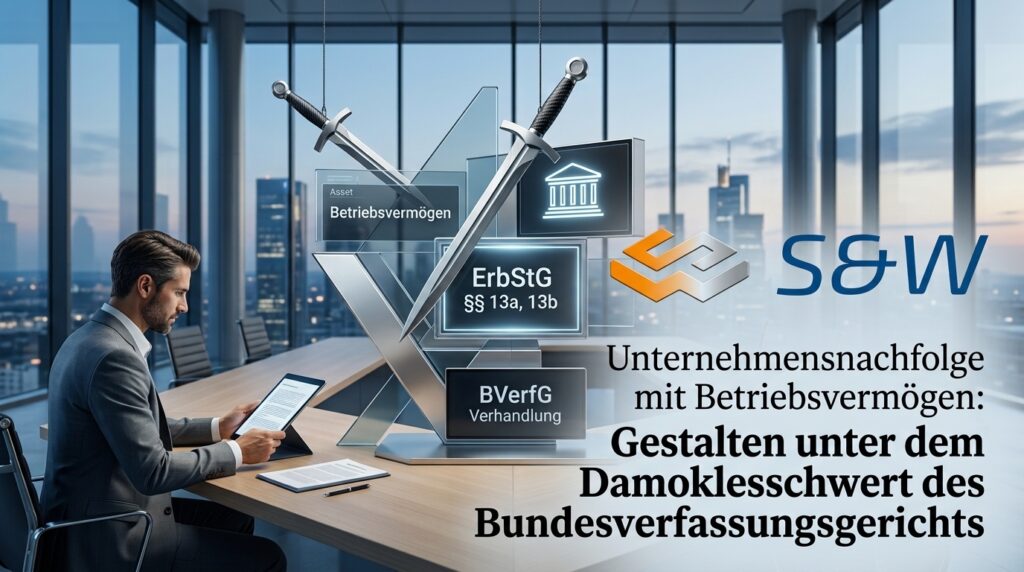 Modernes Büro mit Blick auf eine Skyline, kombiniert mit dem Firmenlogo „s&w“ und einer Grafik zum Thema Unternehmensnachfolge, die zwei gekreuzte Schwerter über Akten zum Erbschaftsteuergesetz (ErbStG) und dem Bundesverfassungsgericht zeigt.