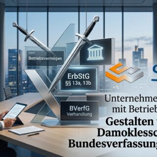 Modernes Büro mit Blick auf eine Skyline, kombiniert mit dem Firmenlogo „s&w“ und einer Grafik zum Thema Unternehmensnachfolge, die zwei gekreuzte Schwerter über Akten zum Erbschaftsteuergesetz (ErbStG) und dem Bundesverfassungsgericht zeigt.