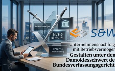 Unternehmensnachfolge Bundesverfassungsgericht Modernes Büro mit Blick auf eine Skyline, kombiniert mit dem Firmenlogo „s&w“ und einer Grafik zum Thema Unternehmensnachfolge, die zwei gekreuzte Schwerter über Akten zum Erbschaftsteuergesetz (ErbStG) und dem Bundesverfassungsgericht zeigt.