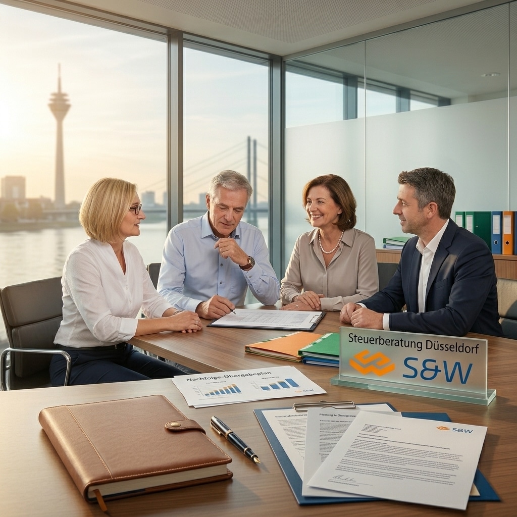 Business Succession Düsseldorf Two tax advisers from s&w Steuerberatungsgesellschaft in a consultation with a client couple on the subject of business succession and generational change in Düsseldorf.