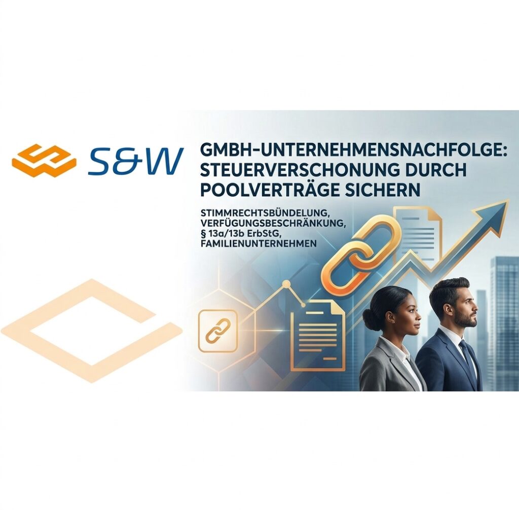Infografik zur GmbH-Unternehmensnachfolge der s&w Steuerberatung mit dem englischen Text Securing GmbH Business Succession Tax Relief through Pooling Agreements, zwei Business-Personen und Symbolen für Stimmrechtsbündelung.