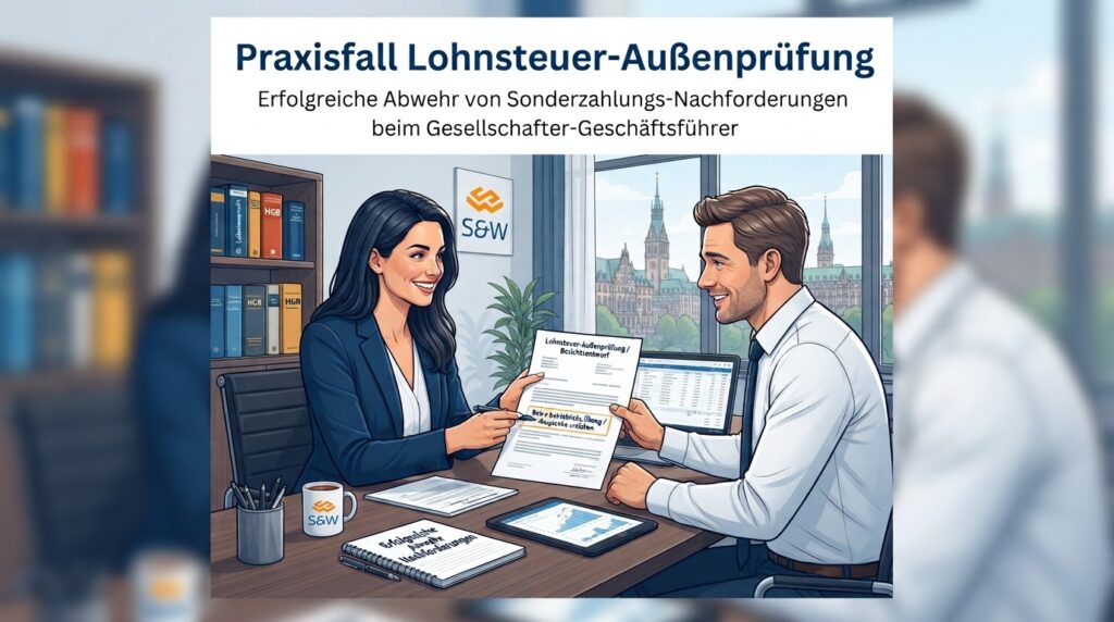 Praxisorientierter Fall zur Lohnsteuer-Außenprüfung bei einer mittelständischen GmbH: Wiederholte Sonderzahlungen an den beherrschenden Gesellschafter-Geschäftsführer führen zu Diskussionen über betriebliche Übung, fiktiven Arbeitslohn und verdeckte Einlagen mit erheblichen Lohnsteuerrisiken. Der Beitrag zeigt anhand der BFH-Rechtsprechung und konkret ausgewerteter Gesellschafterbeschlüsse, wann tatsächlich ein einkommensteuerlich relevanter Anspruch auf Sonderzahlungen entsteht und wie Steuerberater durch eine saubere Vergütungsdokumentation Phantomlohn und verdeckte Einlagen wirksam vermeiden.